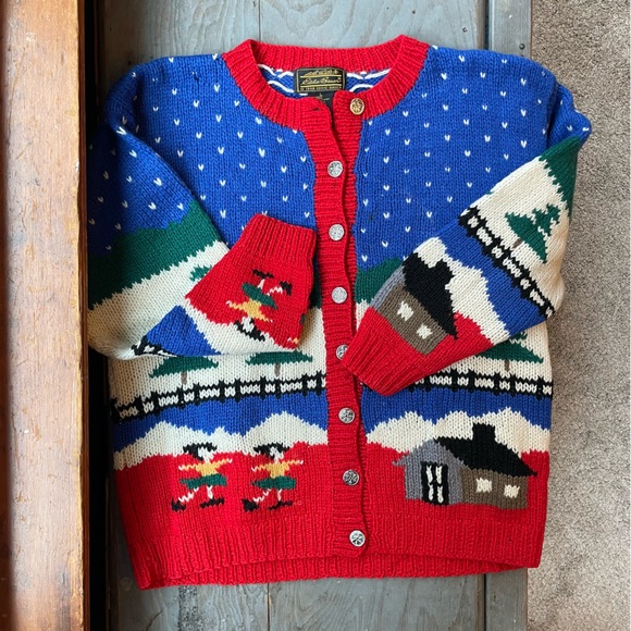 Eddie Bauer Sweaters - VINTAGE Eddie Bauer 1988 holiday scene cardigan sweater | size large